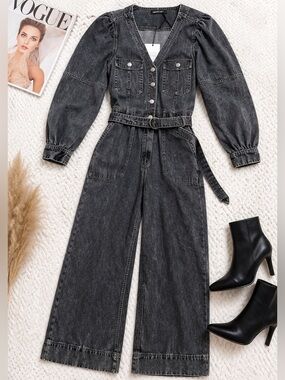 NWT Denim Jumpsuit Belted Puff Sleeve Wide Leg Black Wash Utility Romper